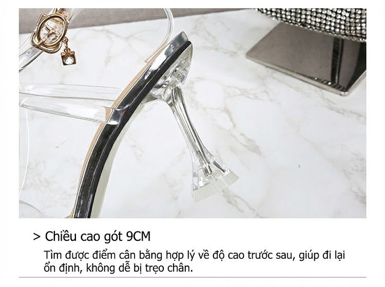 Giày Sandal Cao Gót Nữ Quai Trong Suốt Gót Ly Rượu Gót Cao 7cm - 8cm Màu Đen, Trắng, Bạc chi tiết 8