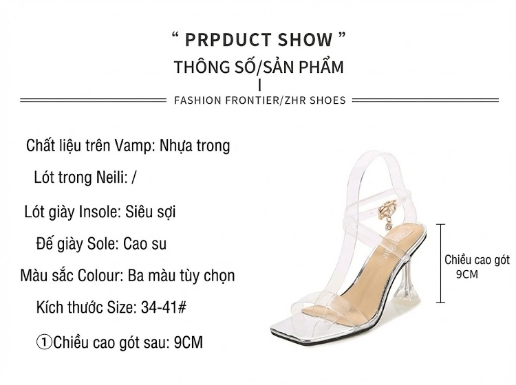 Giày Sandal Cao Gót Nữ Quai Trong Suốt Gót Ly Rượu Gót Cao 7cm - 8cm Màu Đen, Trắng, Bạc chi tiết 2