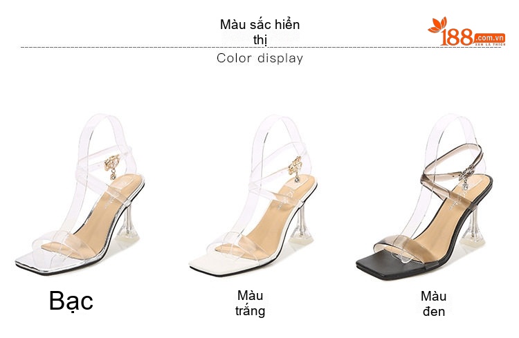 Giày Sandal Cao Gót Nữ Quai Trong Suốt Gót Ly Rượu Gót Cao 7cm - 8cm Màu Đen, Trắng, Bạc chi tiết 3