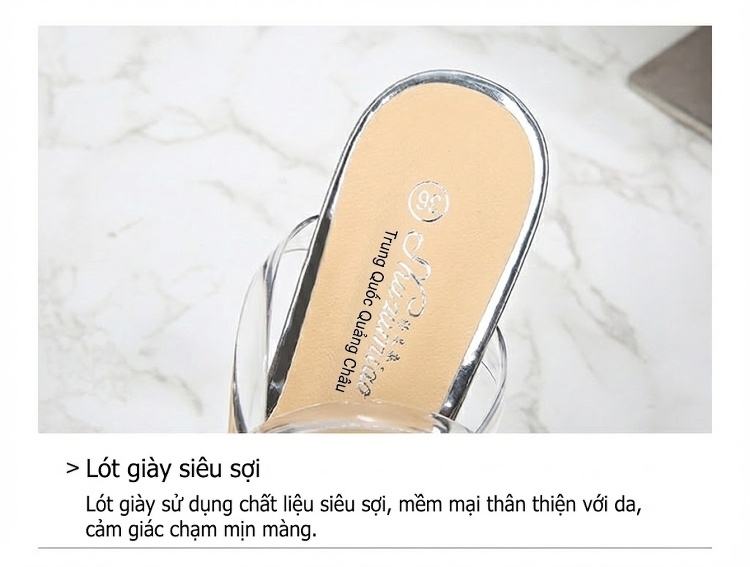 Giày Sandal Cao Gót Nữ Quai Trong Suốt Gót Ly Rượu Gót Cao 7cm - 8cm Màu Đen, Trắng, Bạc chi tiết 7