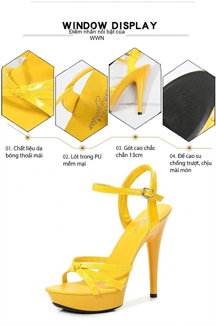 Giày Sandal Cao Gót Nữ Quai Mảnh Gót Nhọn Da Bóng Gót Cao 12cm Màu Đen, Đỏ, Vàng, Bạc... chi tiết 3