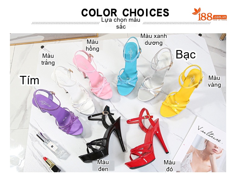 Giày Sandal Cao Gót Nữ Quai Mảnh Gót Nhọn Da Bóng Gót Cao 12cm Màu Đen, Đỏ, Vàng, Bạc... chi tiết 2