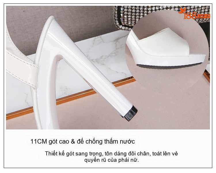 Giày Sandal Cao Gót Nữ Quai Mảnh Đế Xuồng Da Bóng Gót Cao 11cm Màu Đen, Đỏ, Bạc, Trắng... chi tiết 5