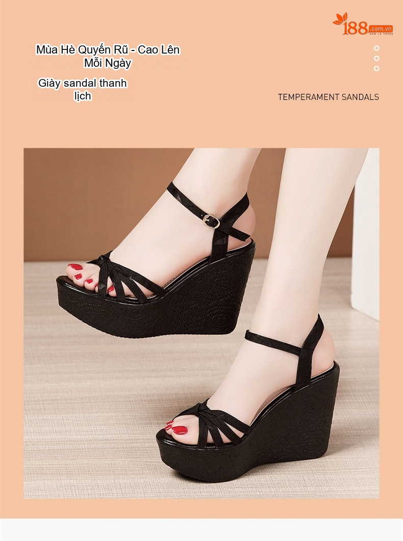Giày Sandal Cao Gót Nữ Đế Xuồng Quai Ngang Gót Cao 11cm Màu Đen, Vàng, Xanh Lá chi tiết 2