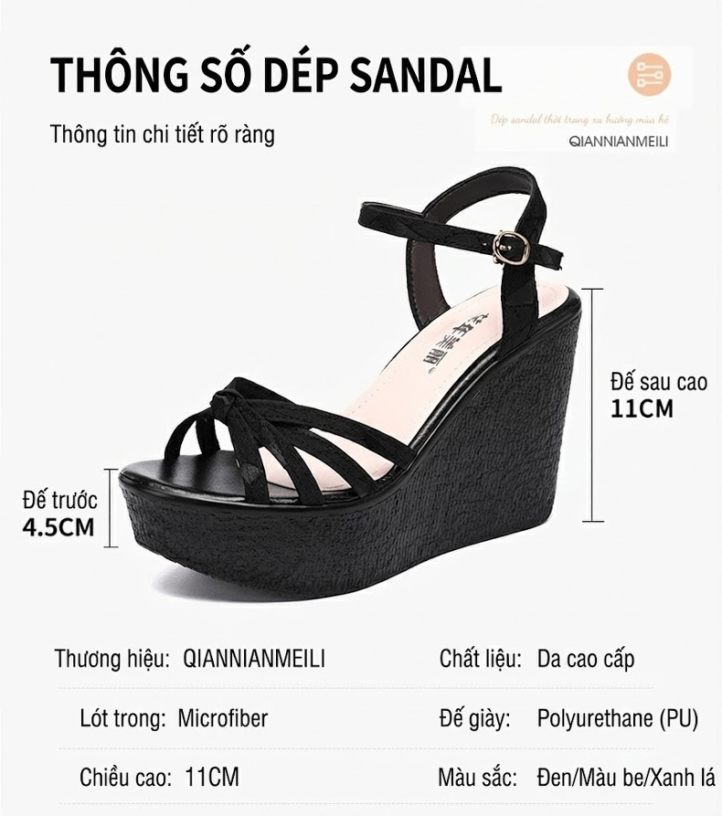 Giày Sandal Cao Gót Nữ Đế Xuồng Quai Ngang Gót Cao 11cm Màu Đen, Vàng, Xanh Lá chi tiết 3