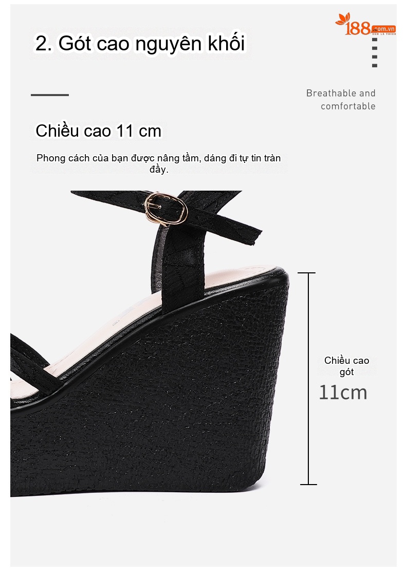 Giày Sandal Cao Gót Nữ Đế Xuồng Quai Ngang Gót Cao 11cm Màu Đen, Vàng, Xanh Lá chi tiết 6
