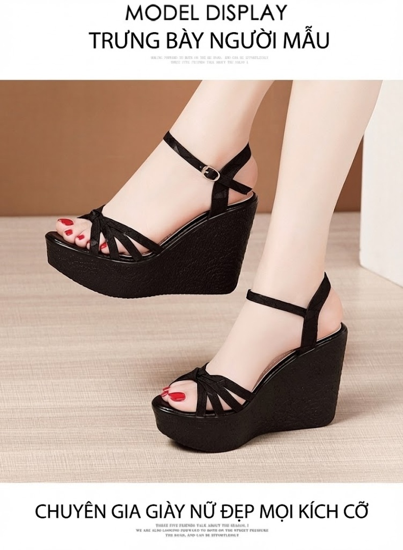Giày Sandal Cao Gót Nữ Đế Xuồng Quai Ngang Gót Cao 11cm Màu Đen, Vàng, Xanh Lá chi tiết 9