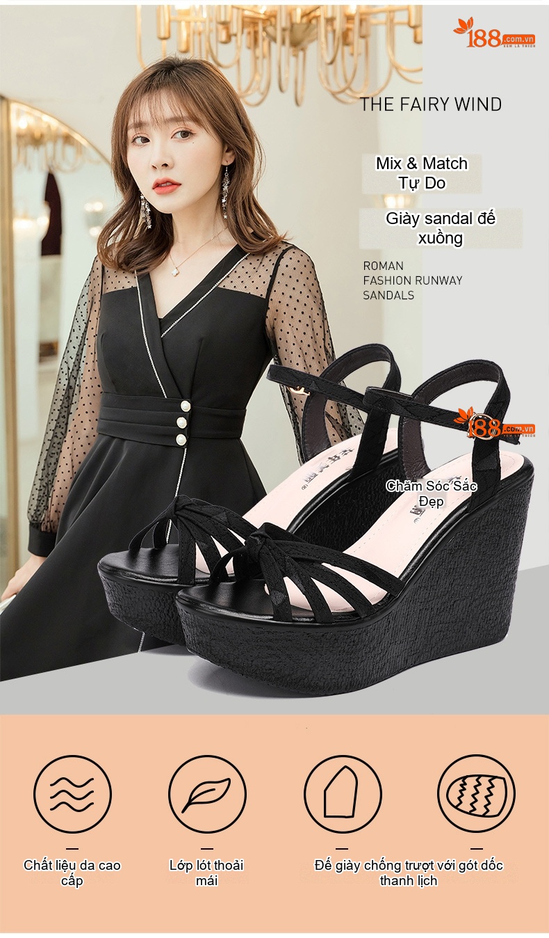 Giày Sandal Cao Gót Nữ Đế Xuồng Quai Ngang Gót Cao 11cm Màu Đen, Vàng, Xanh Lá chi tiết 4