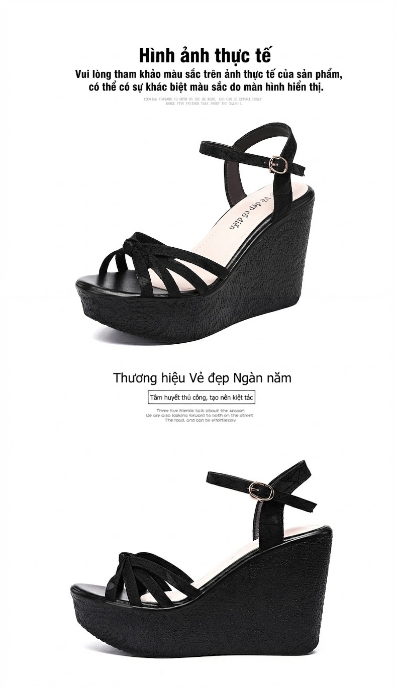 Giày Sandal Cao Gót Nữ Đế Xuồng Quai Ngang Gót Cao 11cm Màu Đen, Vàng, Xanh Lá chi tiết 15