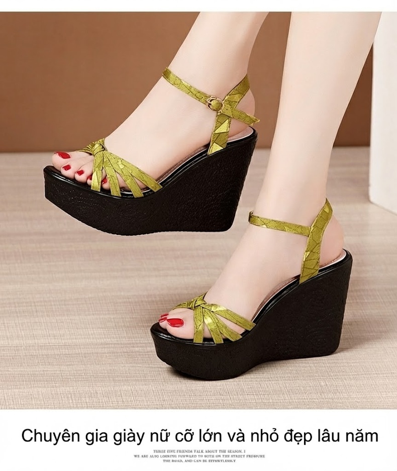 Giày Sandal Cao Gót Nữ Đế Xuồng Quai Ngang Gót Cao 11cm Màu Đen, Vàng, Xanh Lá chi tiết 11