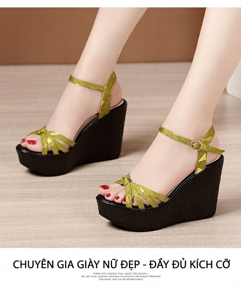 Giày Sandal Cao Gót Nữ Đế Xuồng Quai Ngang Gót Cao 11cm Màu Đen, Vàng, Xanh Lá chi tiết 12