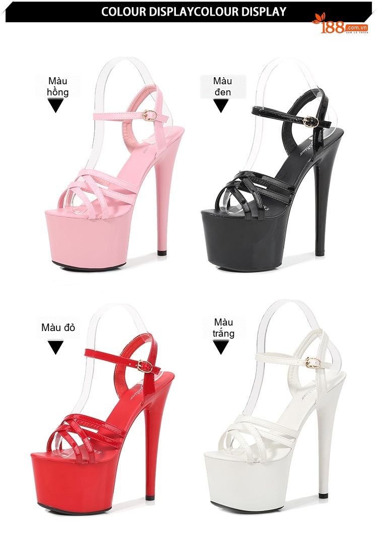 Giày Sandal Cao Gót Nữ Quai Chéo Da Bóng Gót Cao 10cm - 12cm Màu Đen, Đỏ, Trắng, Hồng... chi tiết 3