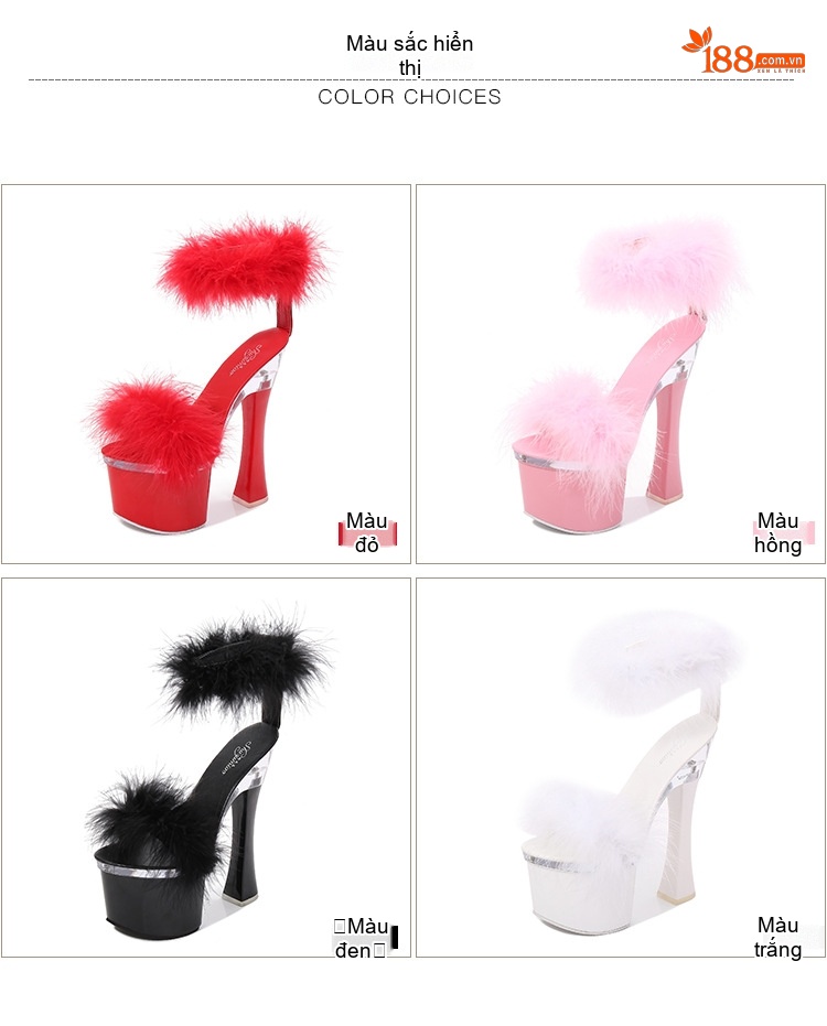Giày Sandal Cao Gót Nữ Quai Ngang Đế Xuồng Lông Vũ Gót Cao 17cm Màu Đen, Đỏ, Hồng, Trắng chi tiết 2