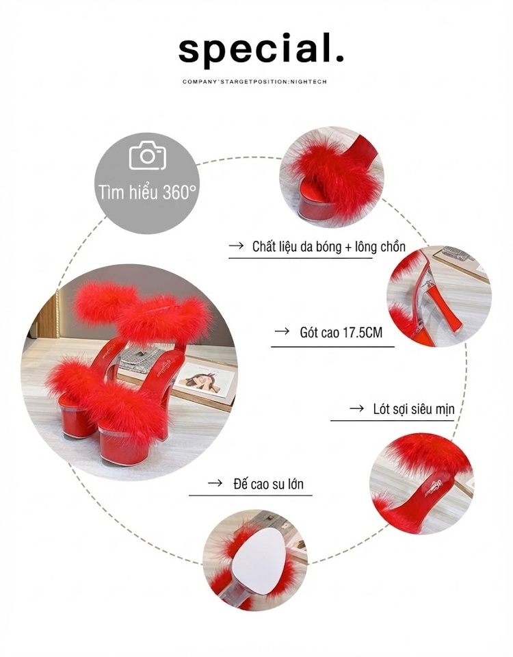 Giày Sandal Cao Gót Nữ Quai Ngang Đế Xuồng Lông Vũ Gót Cao 17cm Màu Đen, Đỏ, Hồng, Trắng chi tiết 3
