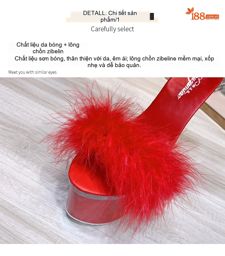 Giày Sandal Cao Gót Nữ Quai Ngang Đế Xuồng Lông Vũ Gót Cao 17cm Màu Đen, Đỏ, Hồng, Trắng chi tiết 4
