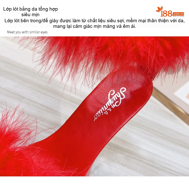 Giày Sandal Cao Gót Nữ Quai Ngang Đế Xuồng Lông Vũ Gót Cao 17cm Màu Đen, Đỏ, Hồng, Trắng chi tiết 7