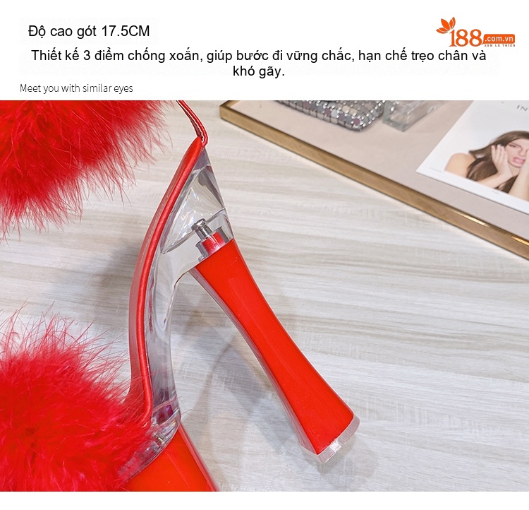 Giày Sandal Cao Gót Nữ Quai Ngang Đế Xuồng Lông Vũ Gót Cao 17cm Màu Đen, Đỏ, Hồng, Trắng chi tiết 8