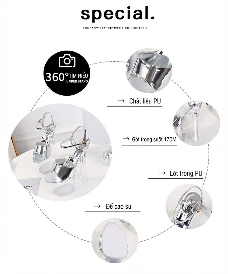 Giày Sandal Cao Gót Nữ Quai Mảnh Hở Ngón Đế Xuồng Trong Suốt Gót Cao 10cm - 12cm Màu Đen, Bạc chi tiết 2