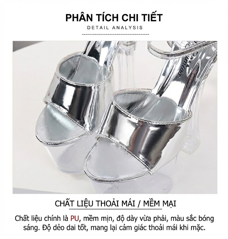 Giày Sandal Cao Gót Nữ Quai Mảnh Hở Ngón Đế Xuồng Trong Suốt Gót Cao 10cm - 12cm Màu Đen, Bạc chi tiết 3