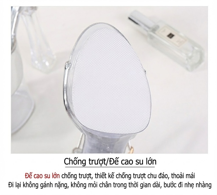 Giày Sandal Cao Gót Nữ Quai Mảnh Hở Ngón Đế Xuồng Trong Suốt Gót Cao 10cm - 12cm Màu Đen, Bạc chi tiết 4