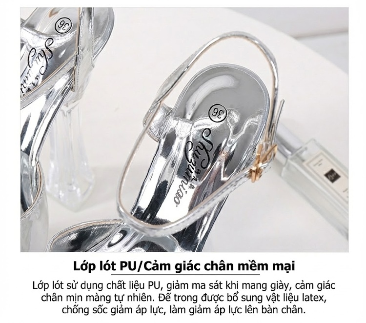 Giày Sandal Cao Gót Nữ Quai Mảnh Hở Ngón Đế Xuồng Trong Suốt Gót Cao 10cm - 12cm Màu Đen, Bạc chi tiết 10