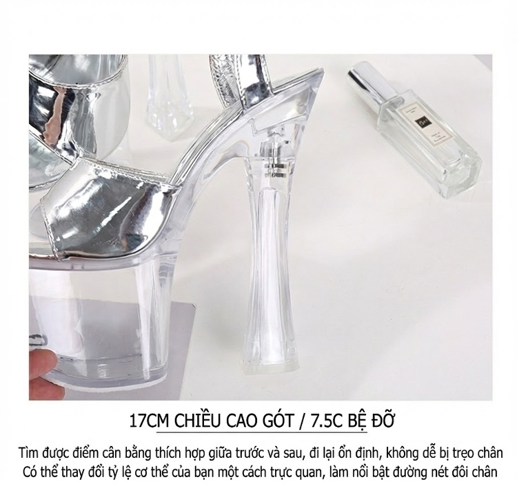 Giày Sandal Cao Gót Nữ Quai Mảnh Hở Ngón Đế Xuồng Trong Suốt Gót Cao 10cm - 12cm Màu Đen, Bạc chi tiết 11
