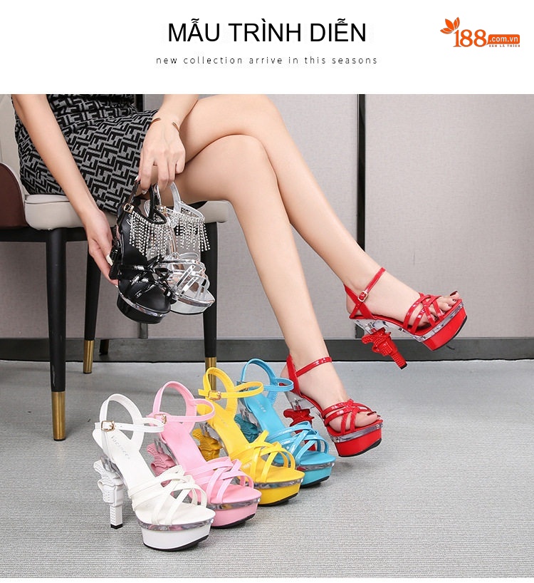Giày Sandal Cao Gót Nữ Quai Chéo Đế Xuồng Gót Súng Đính Đá Gót Cao 10cm - 12cm Màu Đen, Đỏ, Hồng, Vàng... chi tiết 10