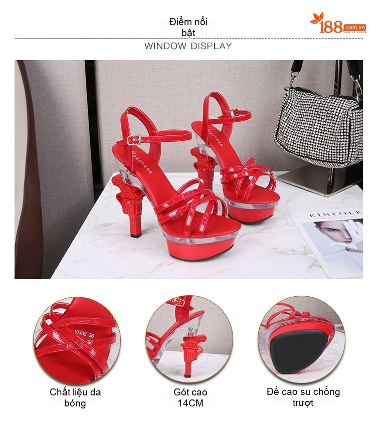 Giày Sandal Cao Gót Nữ Quai Chéo Đế Xuồng Gót Súng Đính Đá Gót Cao 10cm - 12cm Màu Đen, Đỏ, Hồng, Vàng... chi tiết 5
