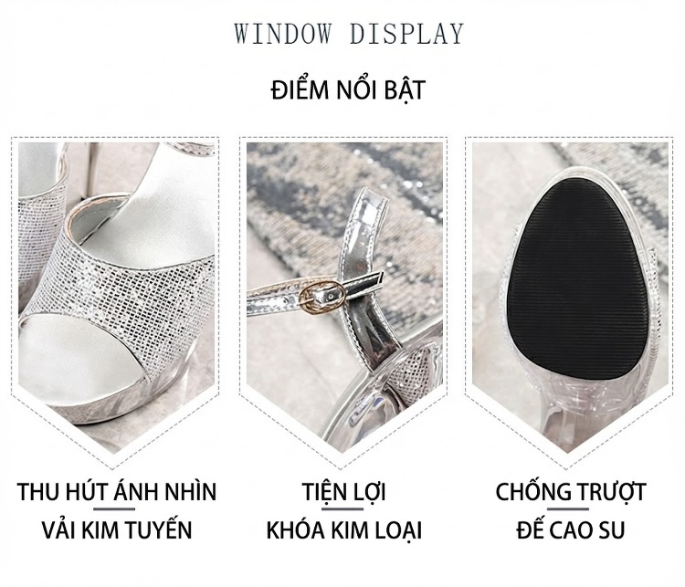 Giày Sandal Cao Gót Nữ Quai Ngang Hở Ngón Đế Trong Suốt Gót Cao 11cm - 12cm Màu Đen, Đỏ, Bạc chi tiết 3