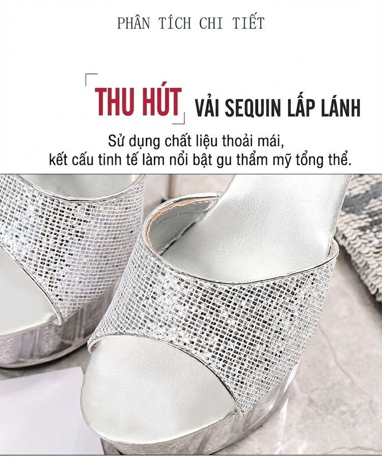 Giày Sandal Cao Gót Nữ Quai Ngang Hở Ngón Đế Trong Suốt Gót Cao 11cm - 12cm Màu Đen, Đỏ, Bạc chi tiết 4