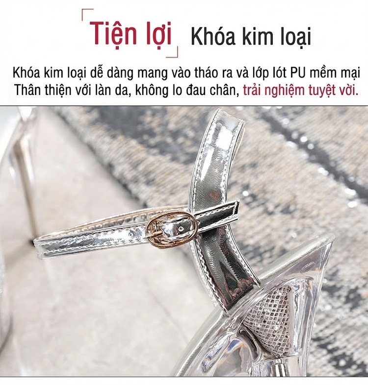 Giày Sandal Cao Gót Nữ Quai Ngang Hở Ngón Đế Trong Suốt Gót Cao 11cm - 12cm Màu Đen, Đỏ, Bạc chi tiết 5