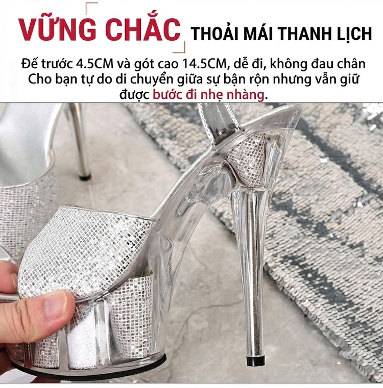 Giày Sandal Cao Gót Nữ Quai Ngang Hở Ngón Đế Trong Suốt Gót Cao 11cm - 12cm Màu Đen, Đỏ, Bạc chi tiết 6