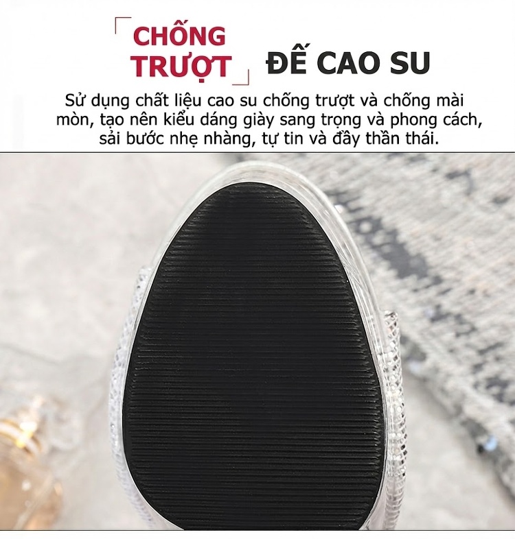 Giày Sandal Cao Gót Nữ Quai Ngang Hở Ngón Đế Trong Suốt Gót Cao 11cm - 12cm Màu Đen, Đỏ, Bạc chi tiết 7