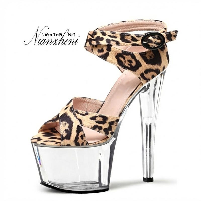 Giày Sandal Cao Gót Nữ Quai Họa Tiết Da Báo Gót Cao 17cm