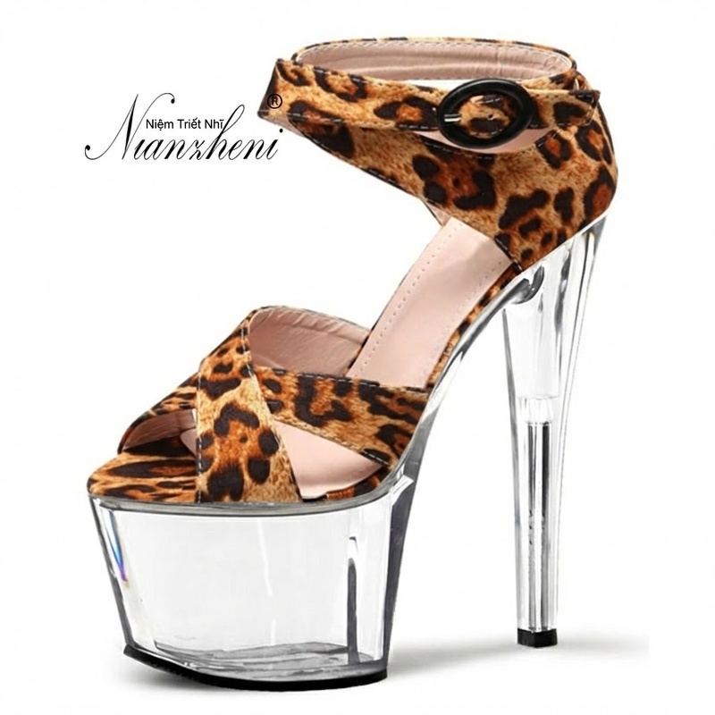 Giày Sandal Cao Gót Nữ Quai Họa Tiết Da Báo Gót Cao 17cm