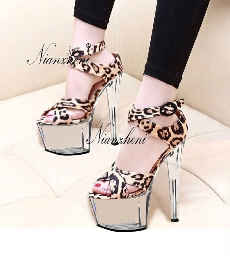 Giày Sandal Cao Gót Nữ Quai Họa Tiết Da Báo Gót Cao 17cm
