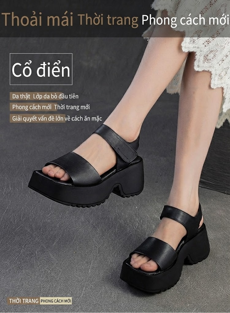 Dép Sandal Nữ Quai Ngang Đế Vuông Da Bóng Đế Cao 5cm - 6cm Màu Đen, Nâu chi tiết 1