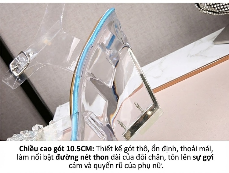 Giày Sandal Cao Gót Nữ Quai Trong Suốt Đính Đá Gót Cao 10cm Màu Xanh, Hồng, Trắng... chi tiết 4