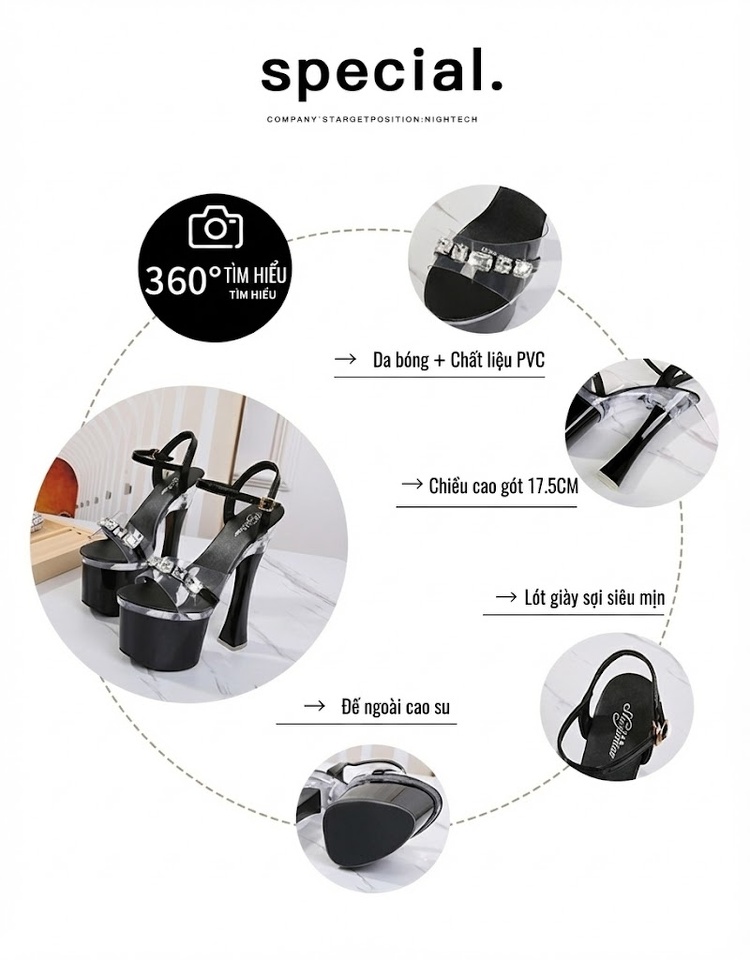 Giày Sandal Cao Gót Nữ Quai Trong Suốt Đế Xuồng Gót Trụ Lớn Chống Thấm Nước Gót Cao 17cm Màu Đen, Bạc, Hồng, Trắng... chi tiết 3