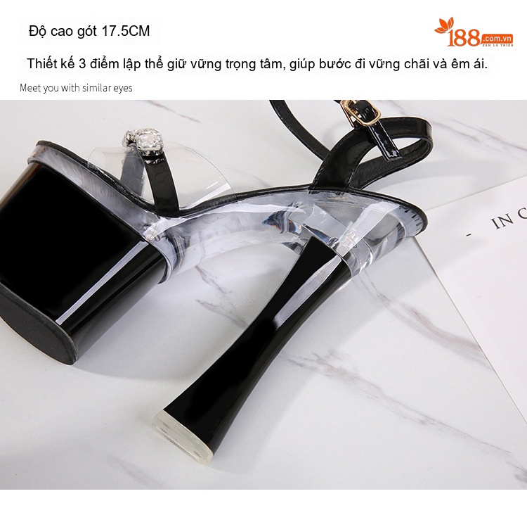 Giày Sandal Cao Gót Nữ Quai Trong Suốt Đế Xuồng Gót Trụ Lớn Chống Thấm Nước Gót Cao 17cm Màu Đen, Bạc, Hồng, Trắng... chi tiết 7