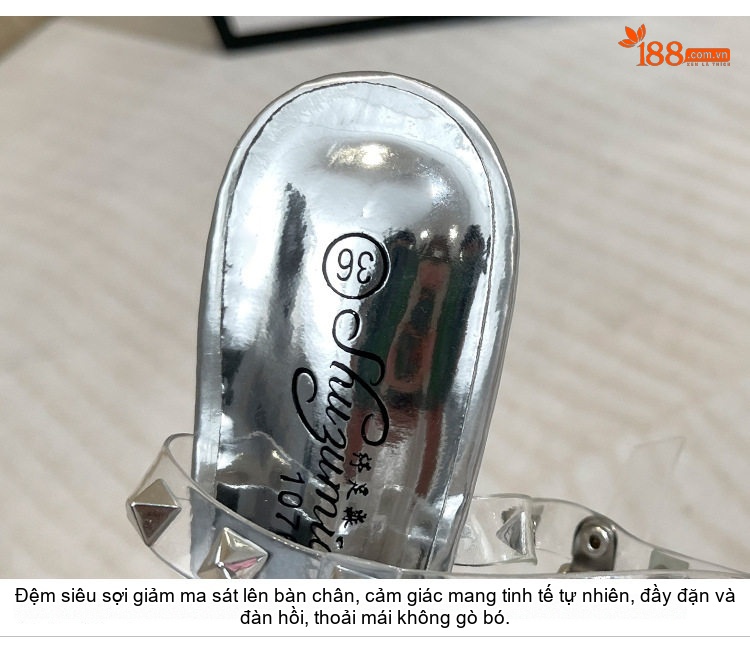 Giày Sandal Cao Gót Nữ Quai Trong Suốt Đế Dị Hình Đính Đá Gót Cao 10cm - 12cm Màu Đen, Vàng, Bạc chi tiết 4