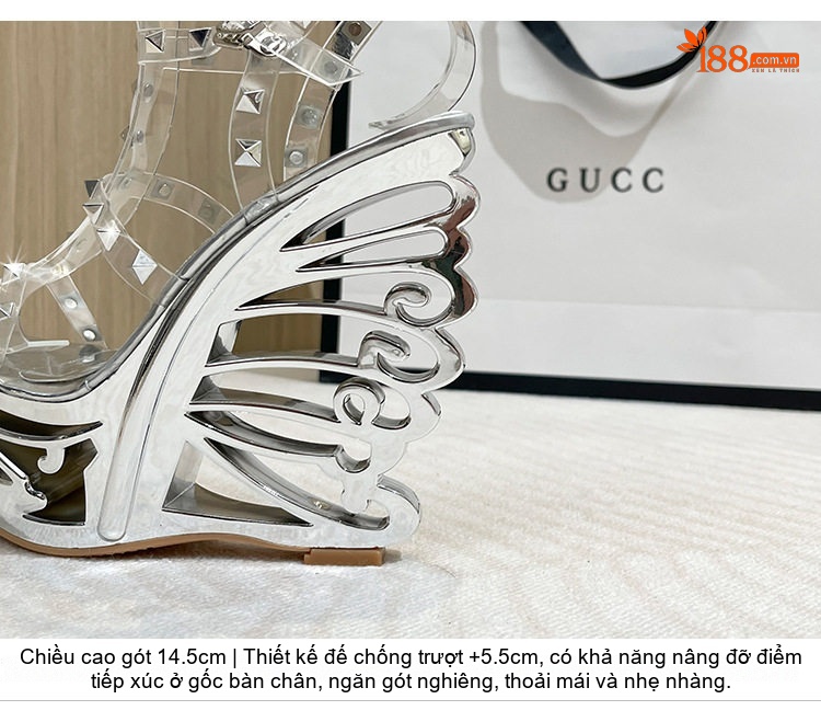 Giày Sandal Cao Gót Nữ Quai Trong Suốt Đế Dị Hình Đính Đá Gót Cao 10cm - 12cm Màu Đen, Vàng, Bạc chi tiết 5