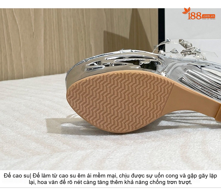 Giày Sandal Cao Gót Nữ Quai Trong Suốt Đế Dị Hình Đính Đá Gót Cao 10cm - 12cm Màu Đen, Vàng, Bạc chi tiết 6