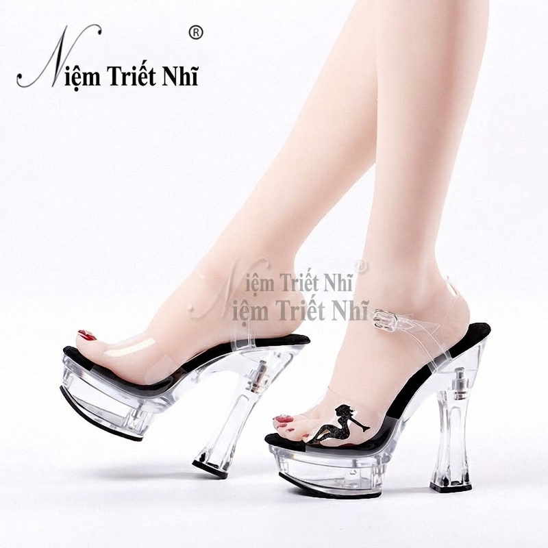 Giày Sandal Cao Gót Nữ Quai Trong Suốt Đính Kim Tuyến Gót Cao 14cm chi tiết 9