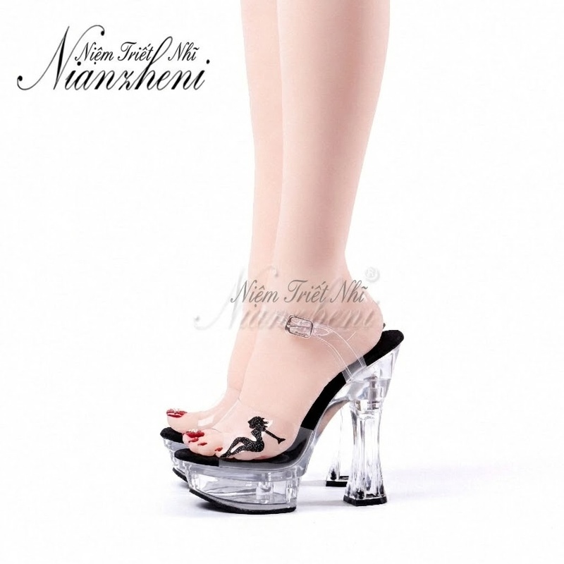 Giày Sandal Cao Gót Nữ Quai Trong Suốt Đính Kim Tuyến Gót Cao 14cm chi tiết 10