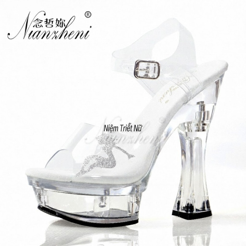 Giày Sandal Cao Gót Nữ Quai Trong Suốt Đính Kim Tuyến Gót Cao 14cm