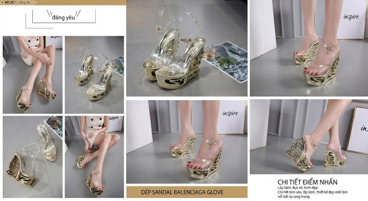 Giày Sandal Cao Gót Nữ Quai Trong Suốt Khóa Kim Loại Gót Cao 10cm - 12cm Màu Vàng, Bạc chi tiết 2