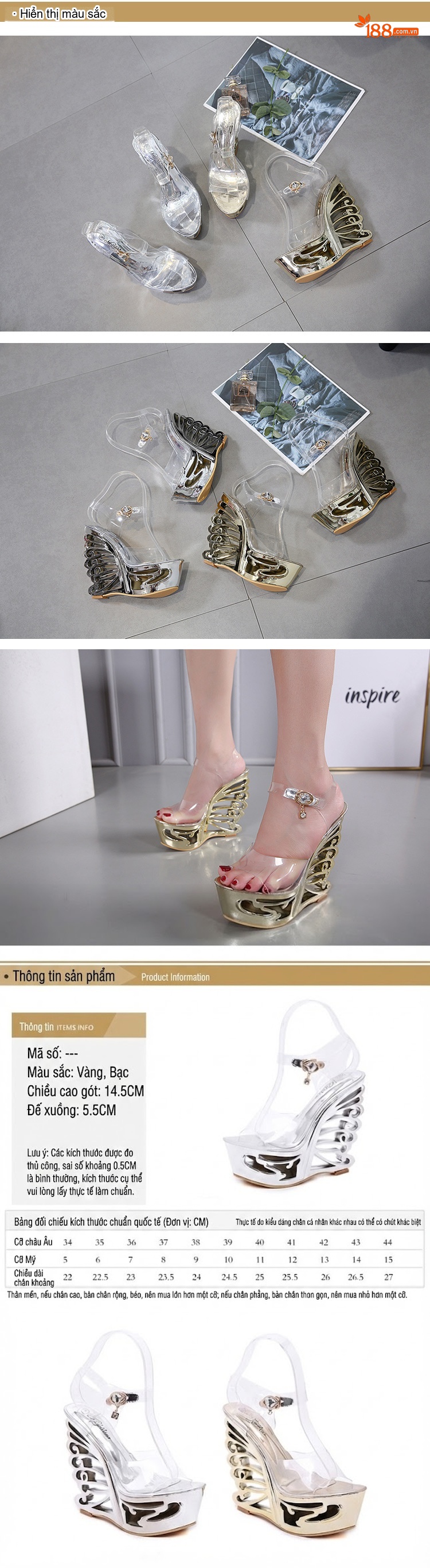 Giày Sandal Cao Gót Nữ Quai Trong Suốt Khóa Kim Loại Gót Cao 10cm - 12cm Màu Vàng, Bạc chi tiết 1