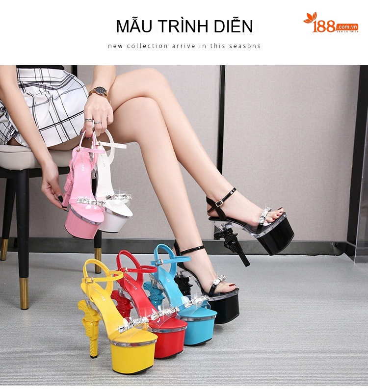 Giày Sandal Cao Gót Nữ Quai Trong Suốt Gót Súng Đế Cao 17cm Màu Đen, Trắng, Đỏ, Hồng... chi tiết 10