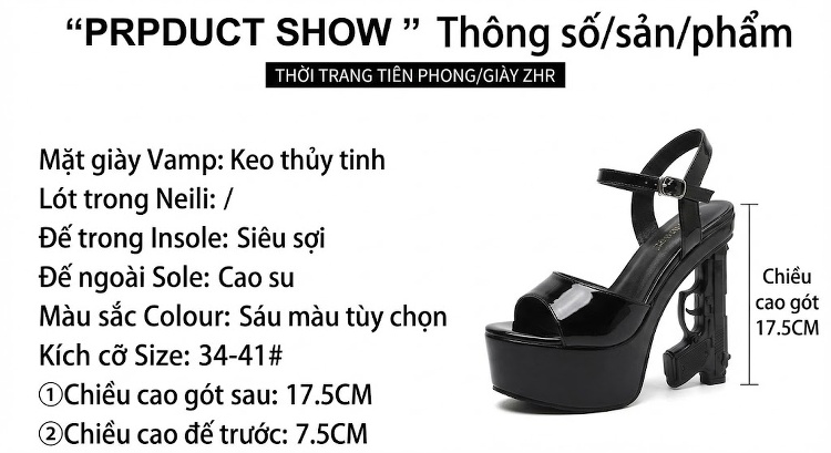 Giày Sandal Cao Gót Nữ Quai Trong Suốt Gót Súng Đế Cao 17cm Màu Đen, Trắng, Đỏ, Hồng... chi tiết 2